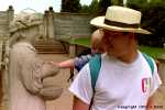 Scott and Max and a gnome statue